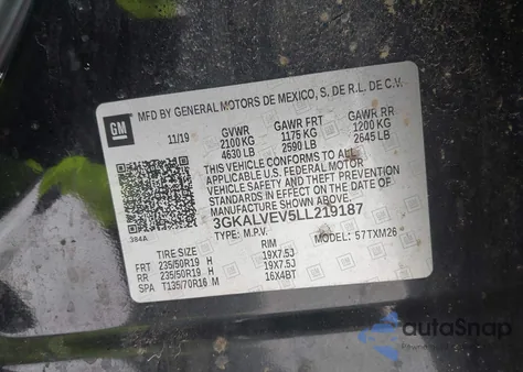 2020 GMC Terrain Awd Slt z USA, uszkodzony, nr VIN 3GKALVEV5LL219187